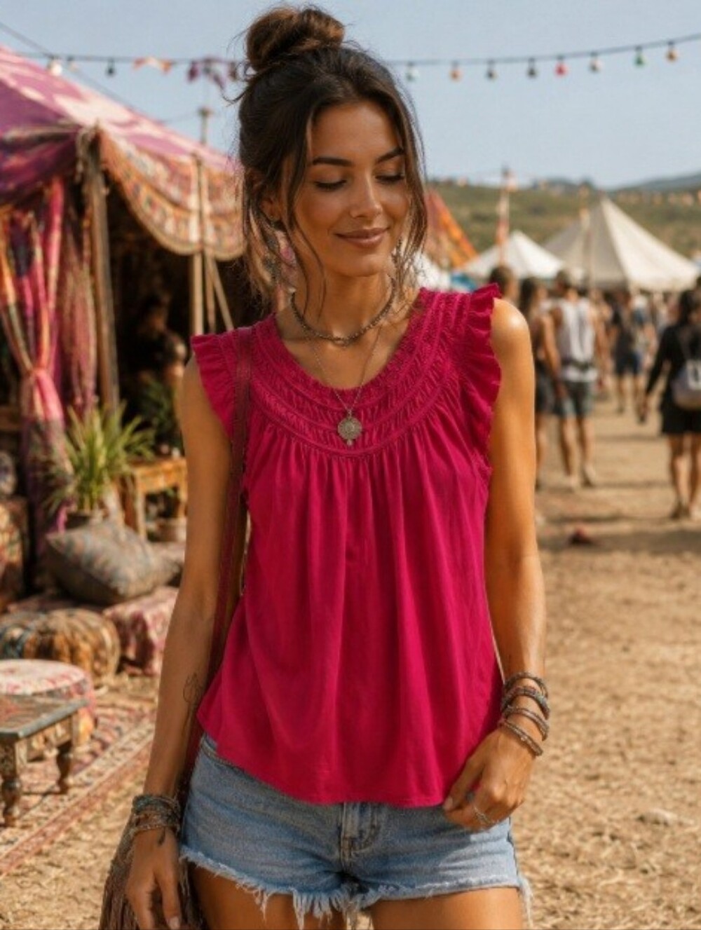 We The Free Boho Festival Hot Pink Ruched Flutter Sleeve Top Size XS Fall School